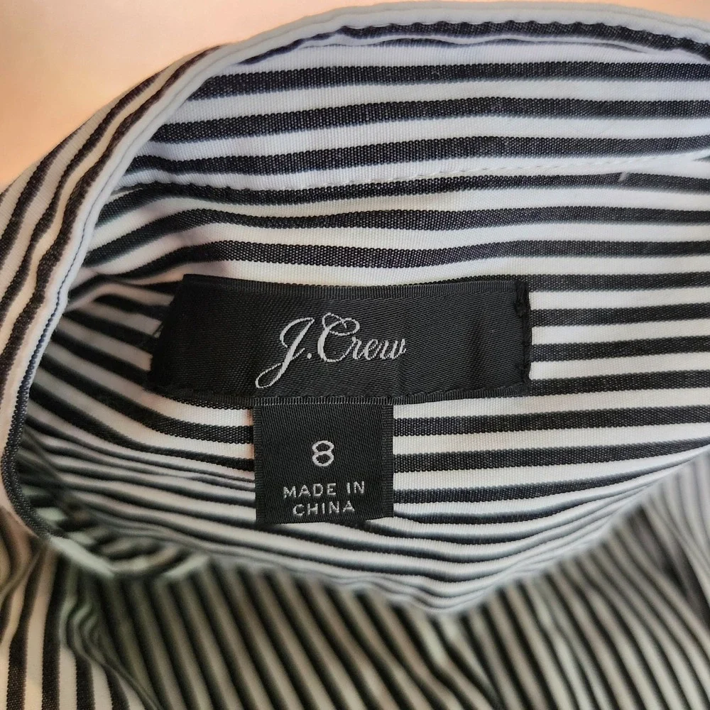 J. Crew Blouse Striped Ruffle Bottom Band Collar Navy White Preppy Size 8